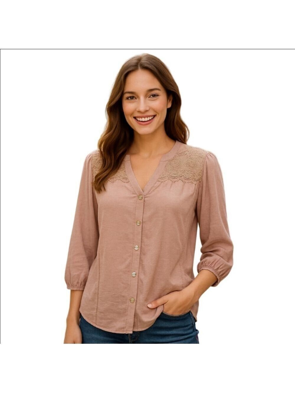 NwT Anthropologie Chic Lace-Accented Beige Blouse Boho Flowy Lace Farmhouse
